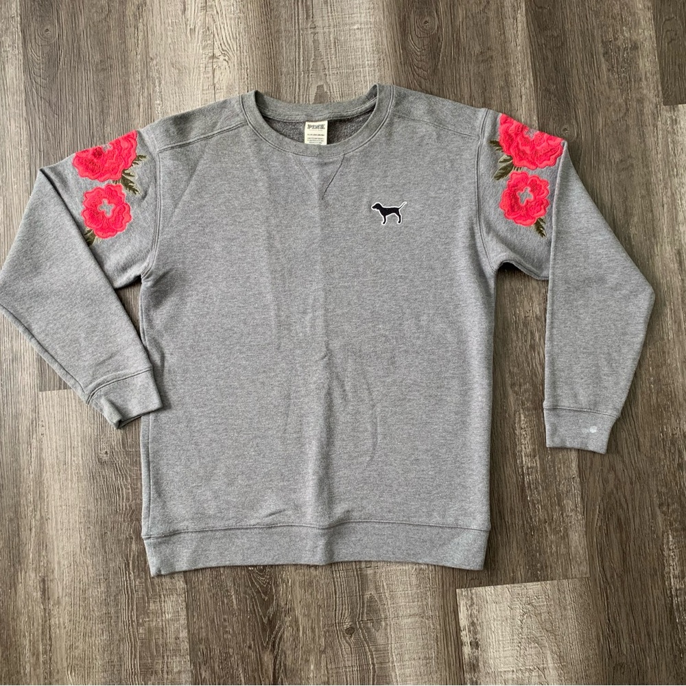 Victoria’s Secret Pink Floral Grey Campus Crew Sweatshirt Pullover